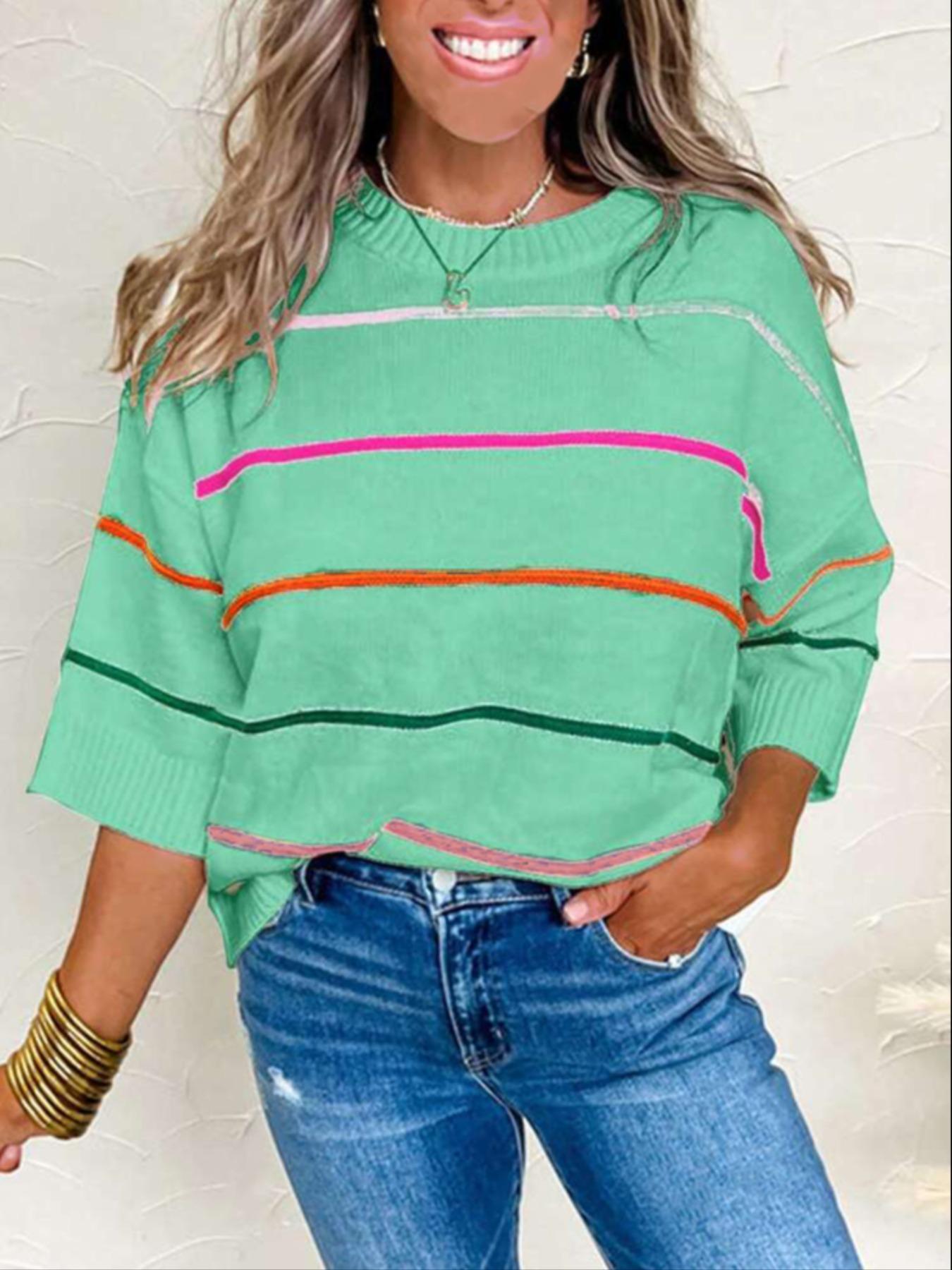 Women's Striped Print Sweater, Casual Short Sleeve Round Neck Jumper for Daily Wear, Ladies Knitwear for Spring & Fall