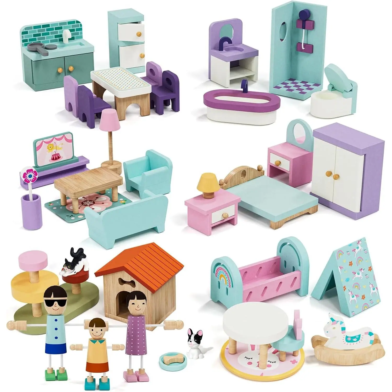 All-Wooden 39-Piece Family Theme Dollhouse Furniture Set - 5 Rooms, Family Dolls, Pets, Pretend Play Sets, Kids' 3+ Pretend Play Toy Gift