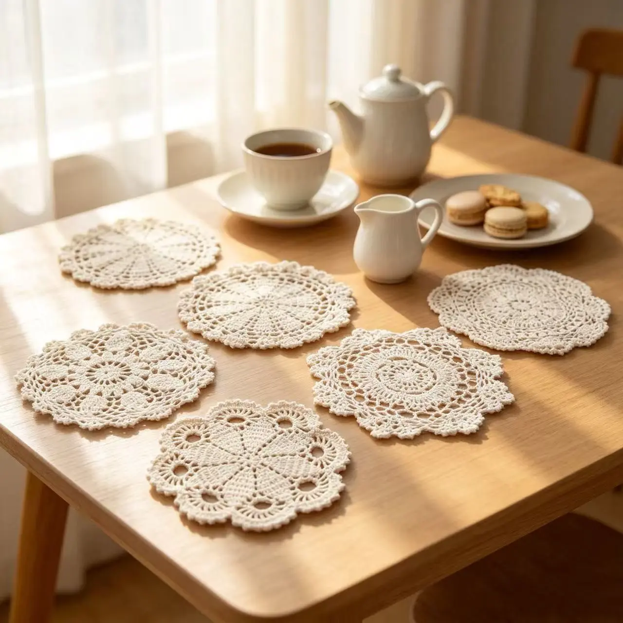6-Piece Handmade Crochet Table Mat Set, Heat Insulating Cup Mats, Non-Slip Dinner Pad, Simple Stylish Dining Props