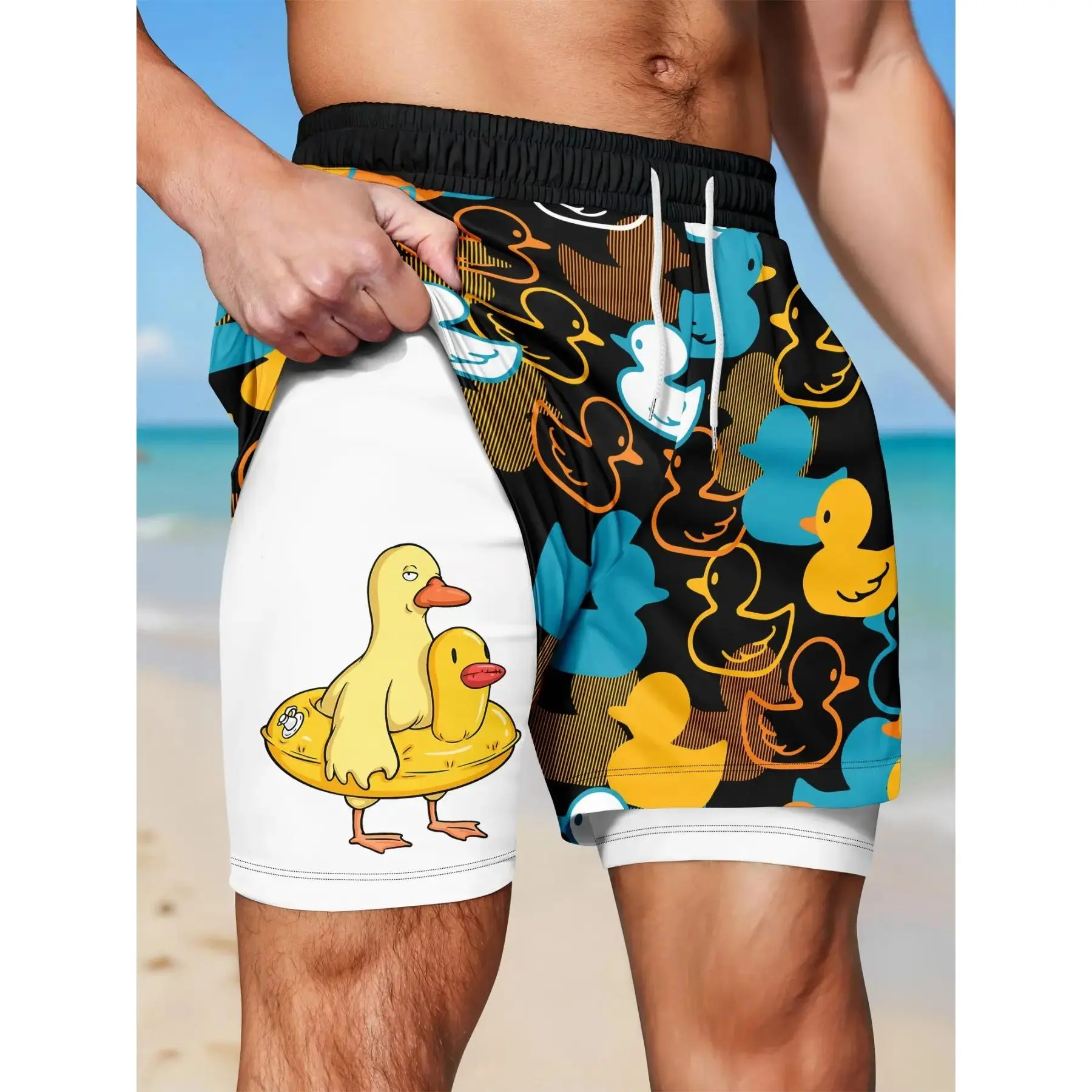 Men's Double-Layer Quick-Dry Shorts, Fun Duck Print, Cartoon Pattern, Drawstring Waist, Lined for Privacy, Summer Beachwear
