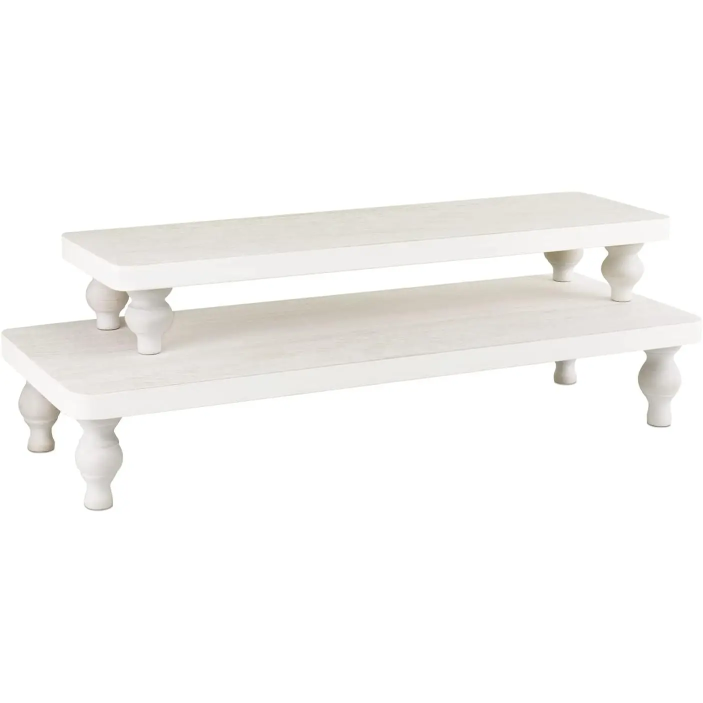 2-Pc Wooden Display Riser Rack, Wash White Countertop Centerpiece for Cupcake Dessert Serving, Artificial Plant Display