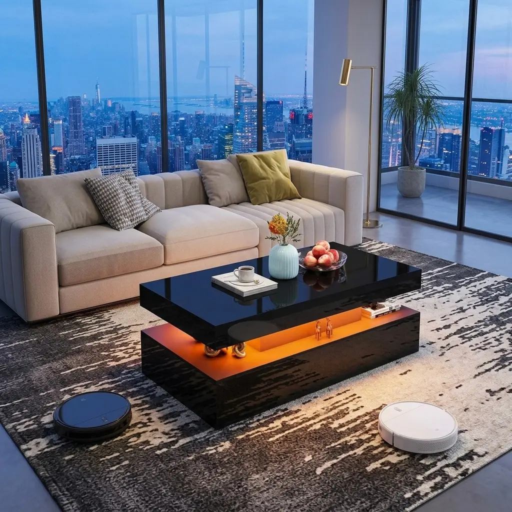 2-Tier LED Coffee Table with Multi-Color RGB Lights & Wood Board, Modern High Gloss Floating Center Piece, Minimalist 2-Layer Storage Cocktail Item, Space Saving Furniture for Living Room with Easy Setup
