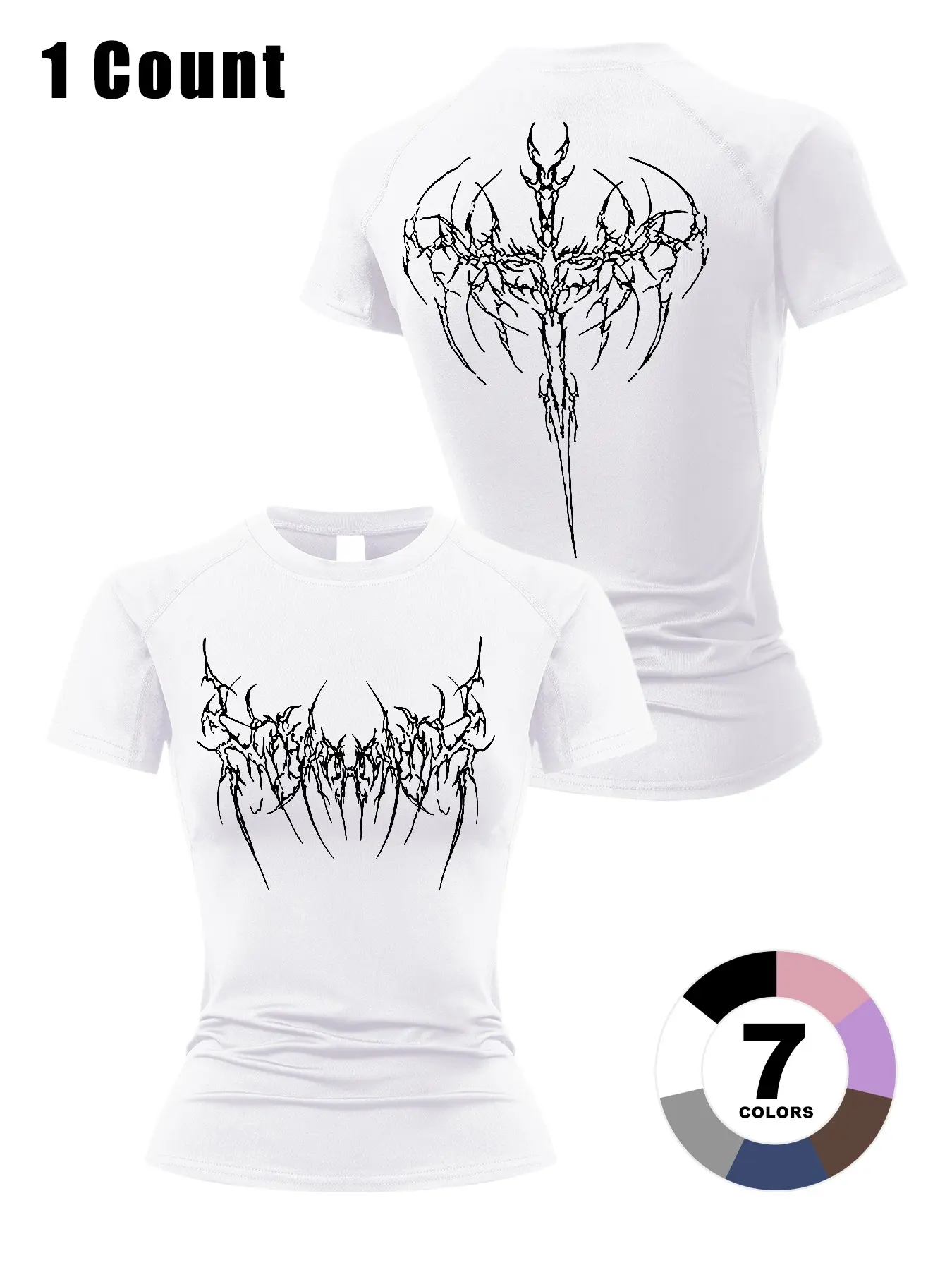 Middle Ages Y2K Gothic Style Dark Skeleton Wings Print Women's Short Sleeve Sport T-Shirt, Summer Quick-Dry Breathable Tight Fit Workout Top Activewear Tee