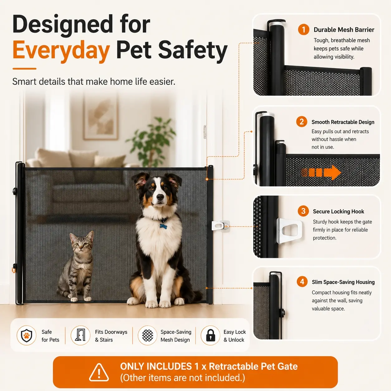 Heavy-duty retractable pet playpen, drill-free foldable dog gate for installation, universal safety barrier for indoor and outdoor use, suitable for puppies, senior dogs, staircases and doorways, portable storage and durable design