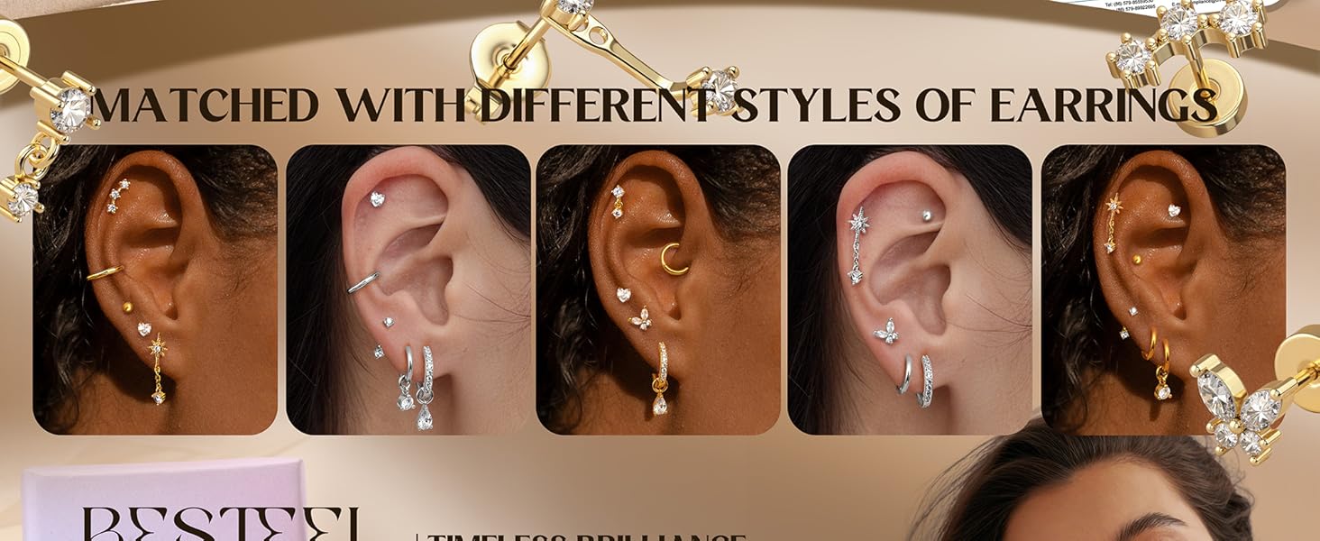 Trendy Hypoallergenic 14K Gold Plated Flat Back Earrings for Women Surgical Stainless Steel Stud Hoop Set Cartilage Helix Tragus Piercing Jewelry Comfort Gift