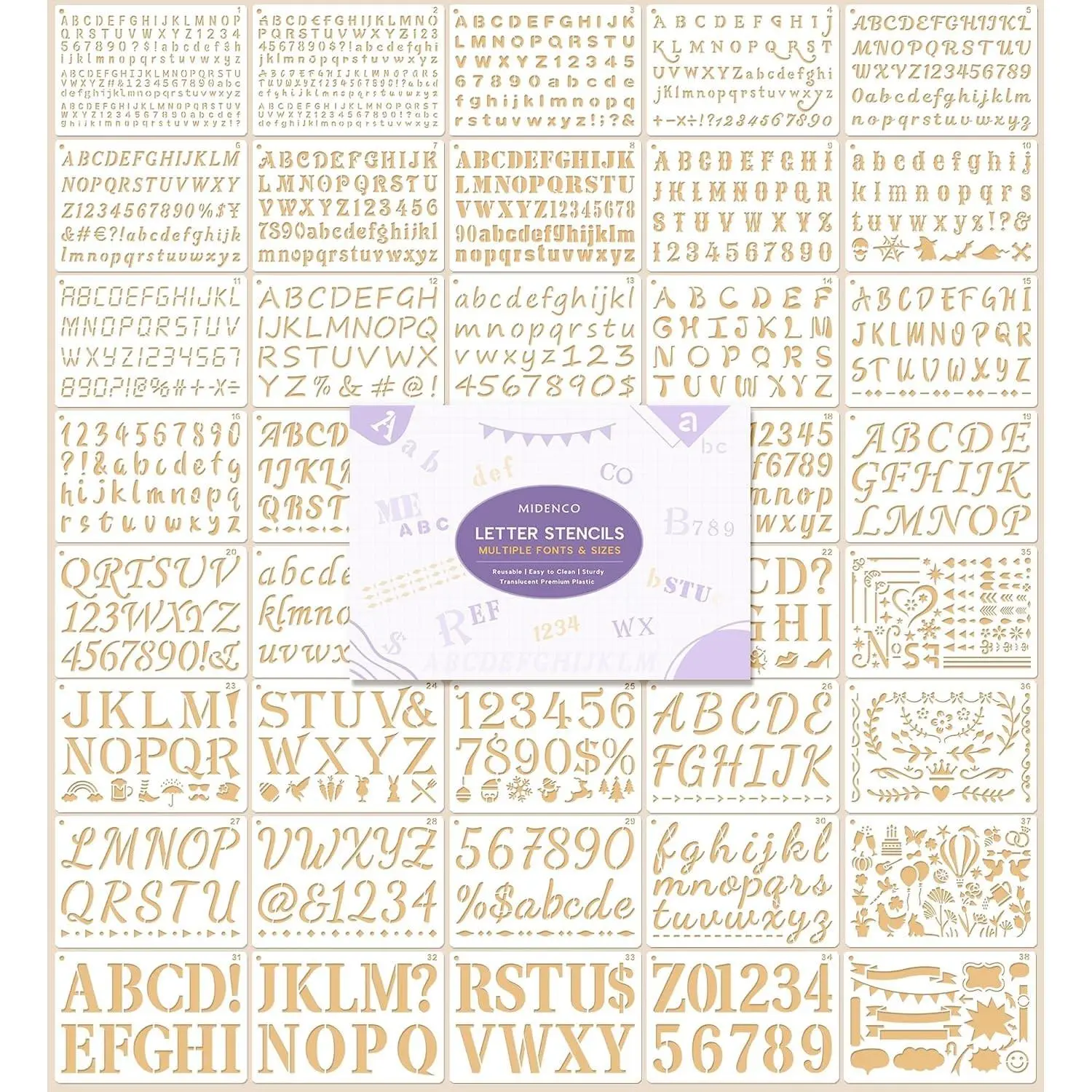 22 Fonts 13 Sizes (0.25"-2") Small Letter Stencils for Painting, 38Pcs Reusable Alphabet & Number Stencils in Script & Cursive for Wood Crafts