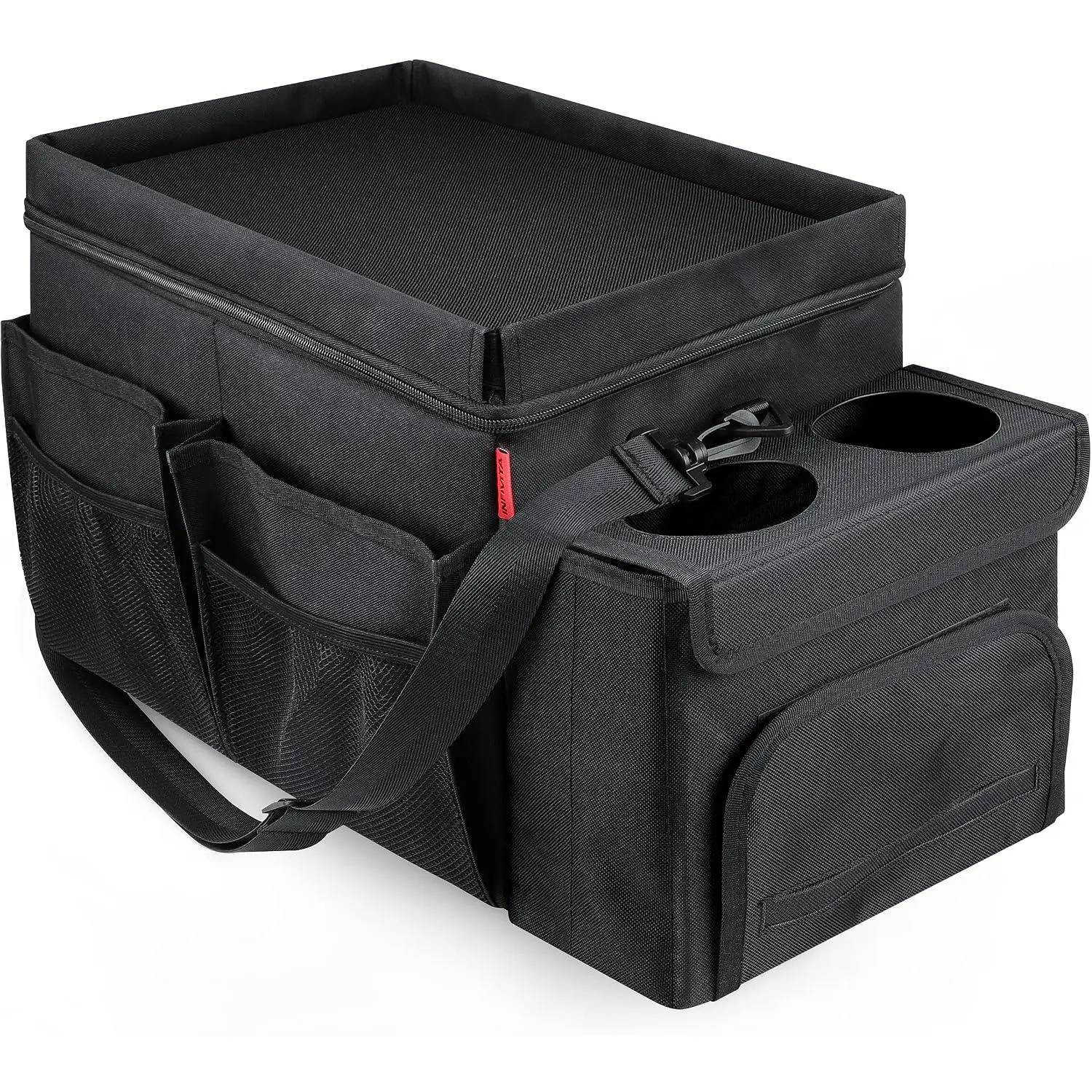 Organizer & Cooler – Durable Oxford Fabric Exterior &  Liner, Portable  Storage & Insulated Cooler Box with Dividers, Cup Holders & Tissue Pocket – Black [2025 Upgraded]