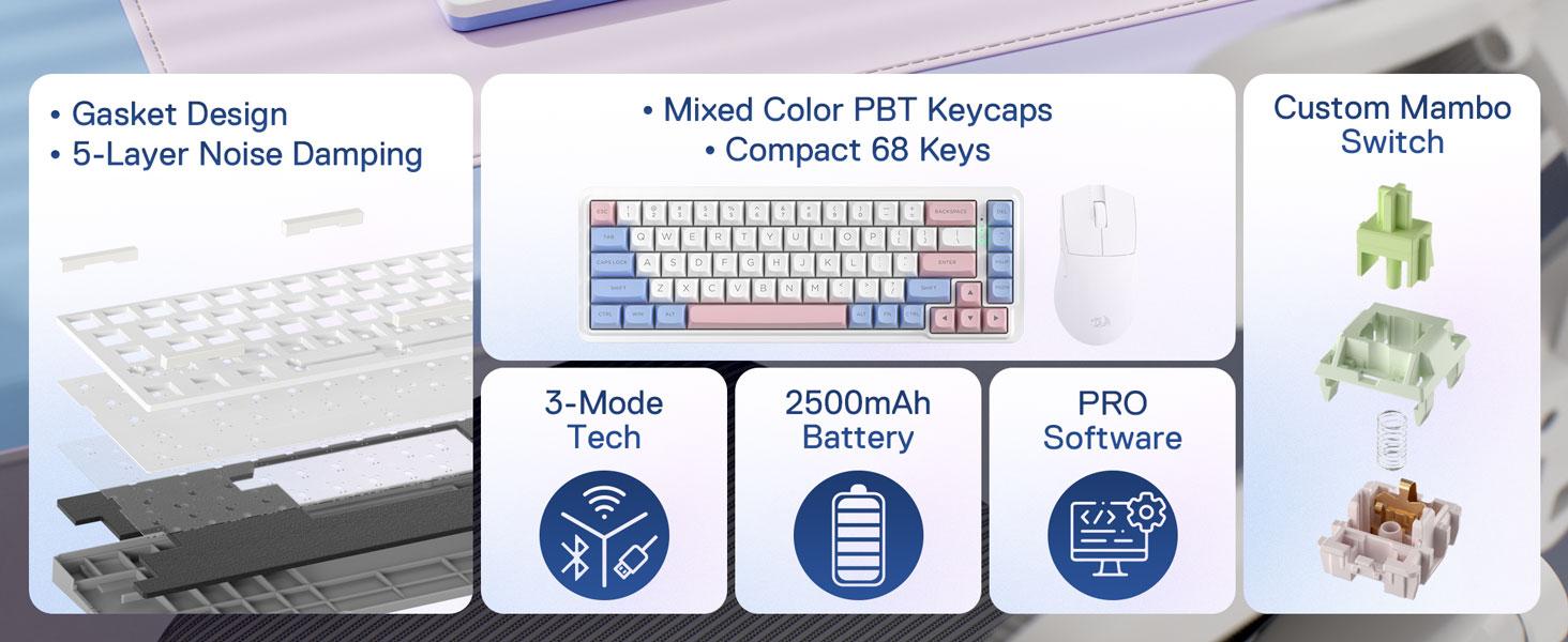 Redragon K709 PRO 65% Wireless Gasket RGB Gaming Keyboard, 68 Keys Hot-Swap Compact Mechanical Keyboard w/Free-Mod Socket, 5-Layer Noise Dampening & Round PBT Keycaps, Quiet Custom Linear Switch