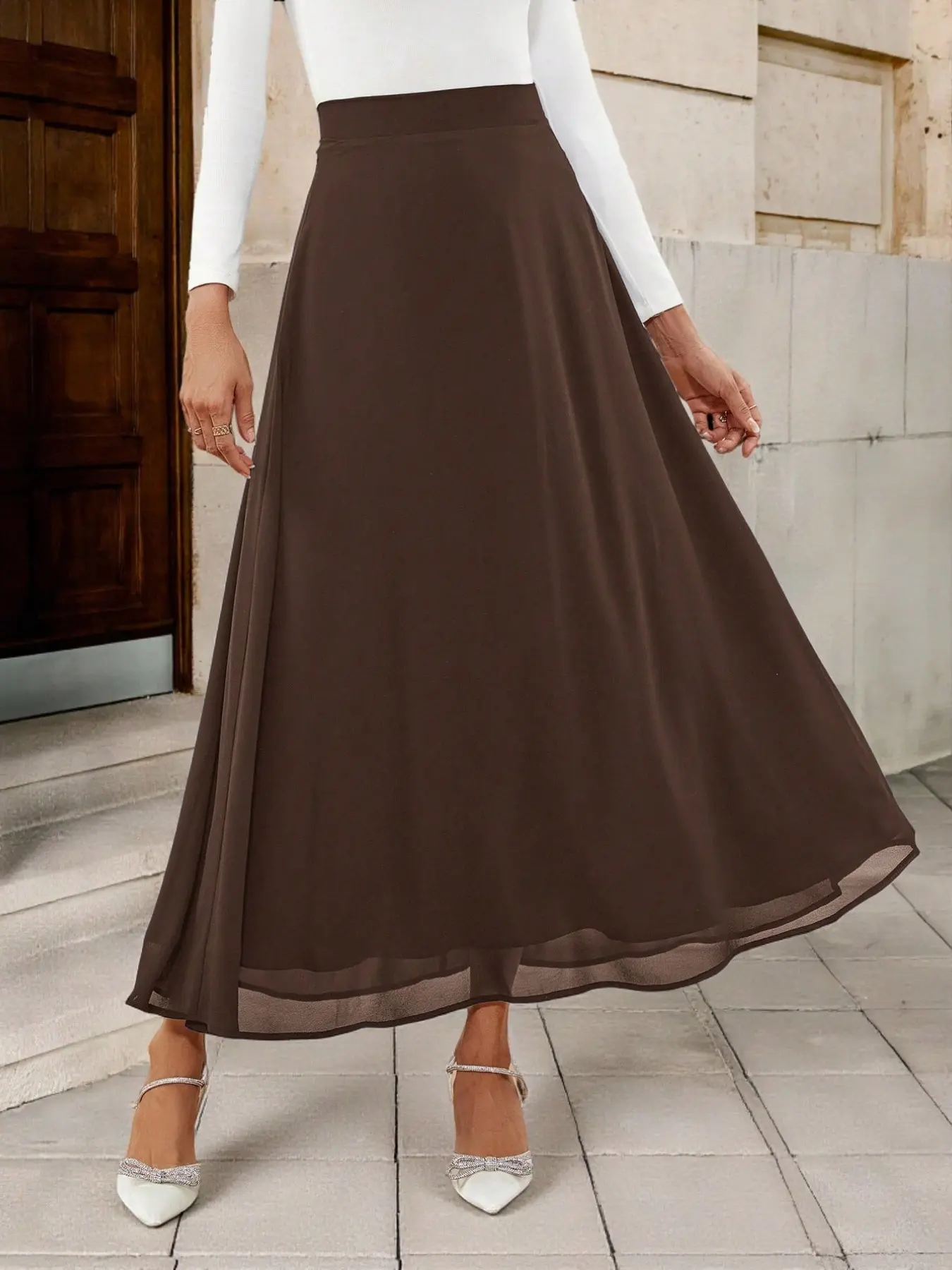 Solid Color High Waist A-Line Chiffon Skirt, Slimming Flowy Long Midi Skirt, Suitable for All Seasons, Elegant and Comfortable