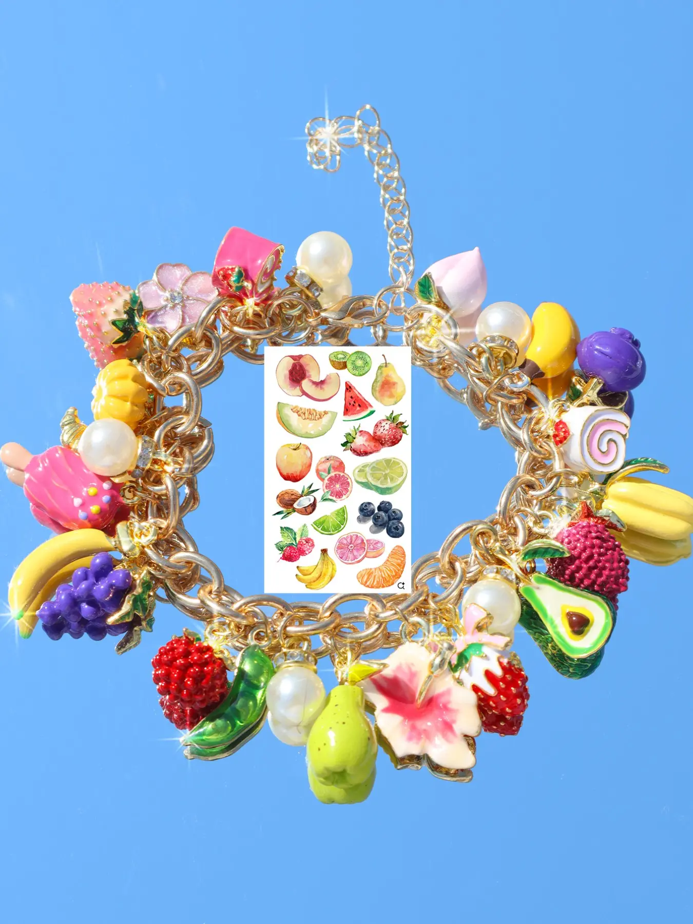 Fake Food Fruit Charm Jewelry Bracelet, Realistic Flower Avocado Strawberry Cherry Fashion Bracelet, Fun Grape Banana Ice Cream Blueberry Pear Bracelet, Floral Charm Bracelets