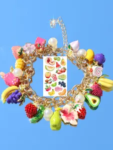 Fake Food Fruit Charm Bracelet, Realistic Flower Avocado Strawberry Cherry Bracelet, Fun Grape Banana Ice Cream Blueberry Pear Bracelet