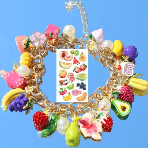 Fake Food Fruit Charm Jewelry Bracelet, Realistic Flower Avocado Strawberry Cherry Fashion Bracelet, Fun Grape Banana Ice Cream Blueberry Pear Bracelet, Floral Charm Bracelets, Cute Bracelets