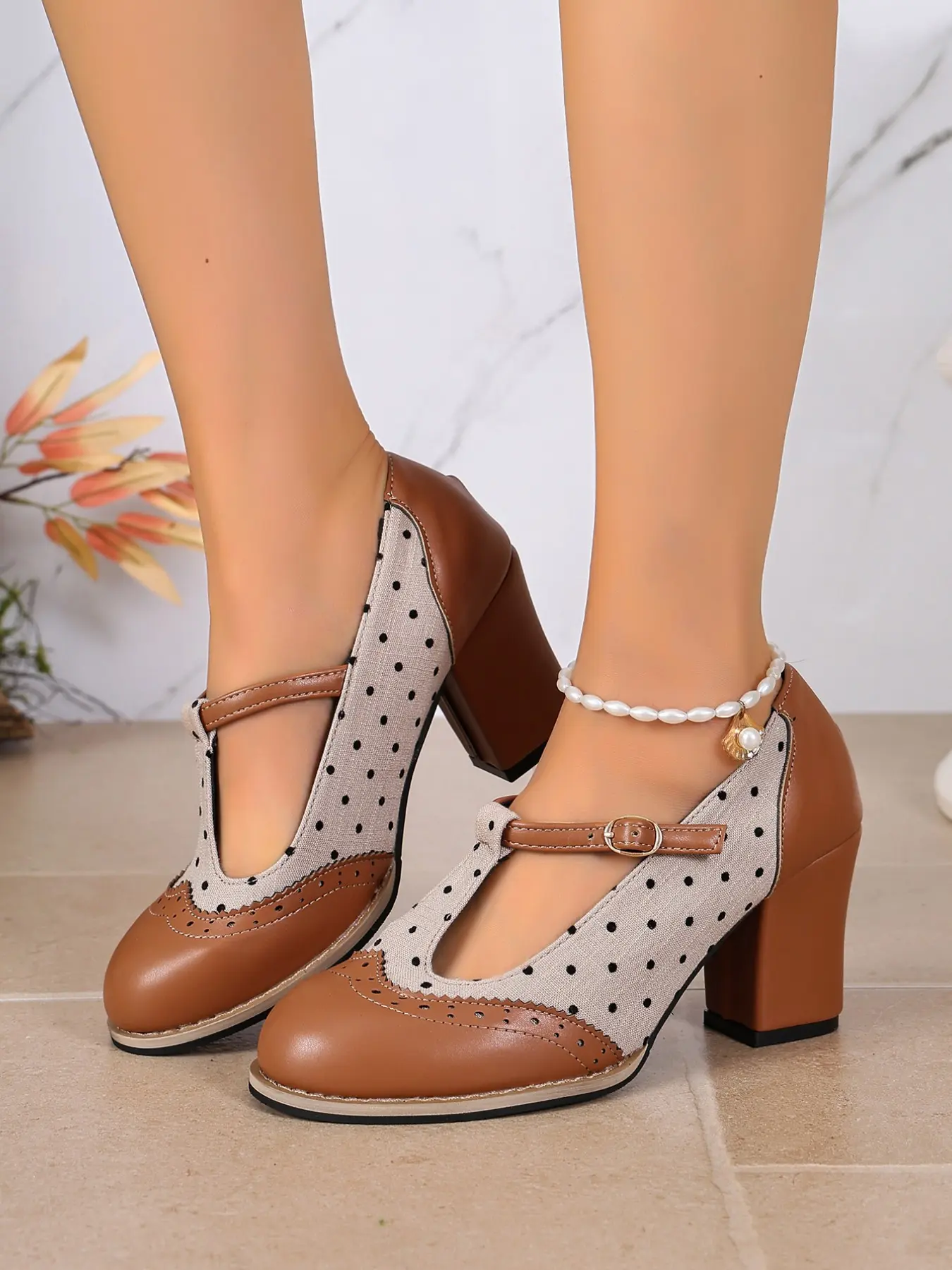 Women's Round Toe Polka Dot Mary Jane Shoes, Cute PU Leather Mary Jane Heels, Comfortable for Spring Fall, Perfect with Skirts and Jeans