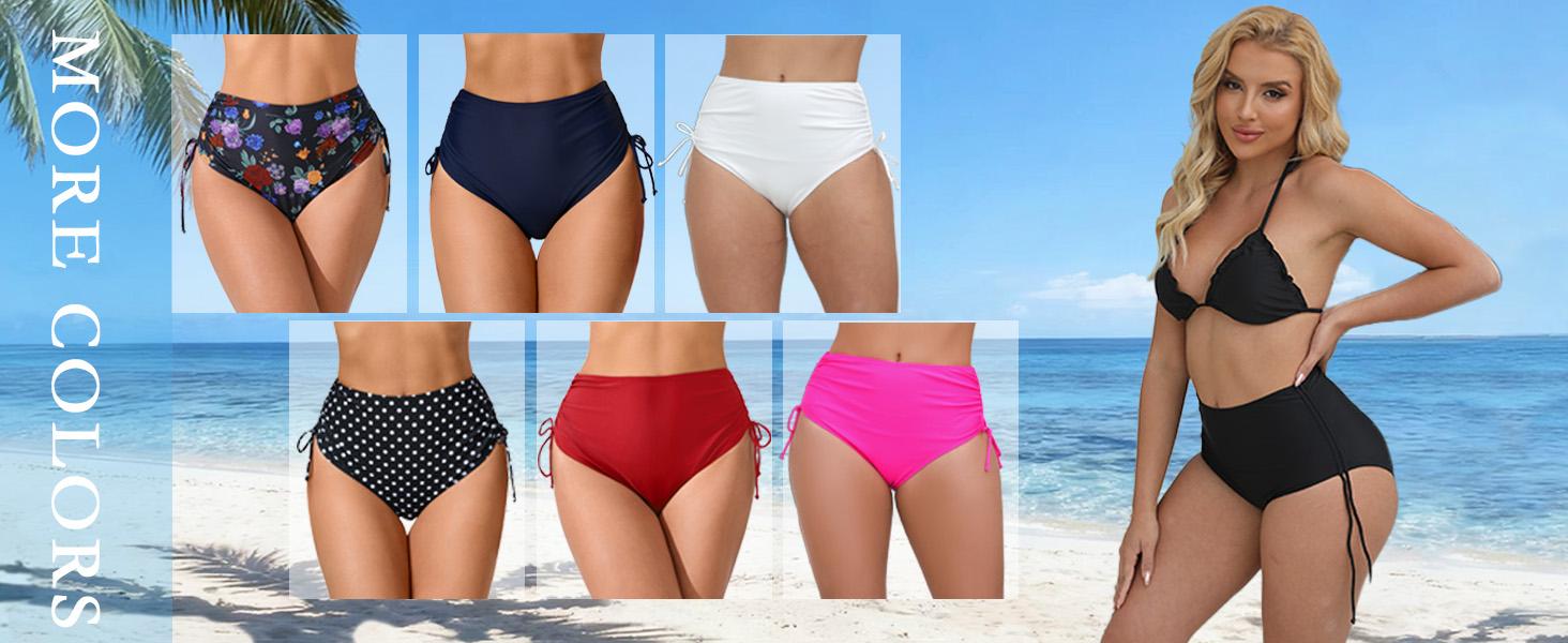 Women's High Waisted Full Coverage Bikini Bottoms Tummy Control Adjustable Drawstring Swim Bottoms