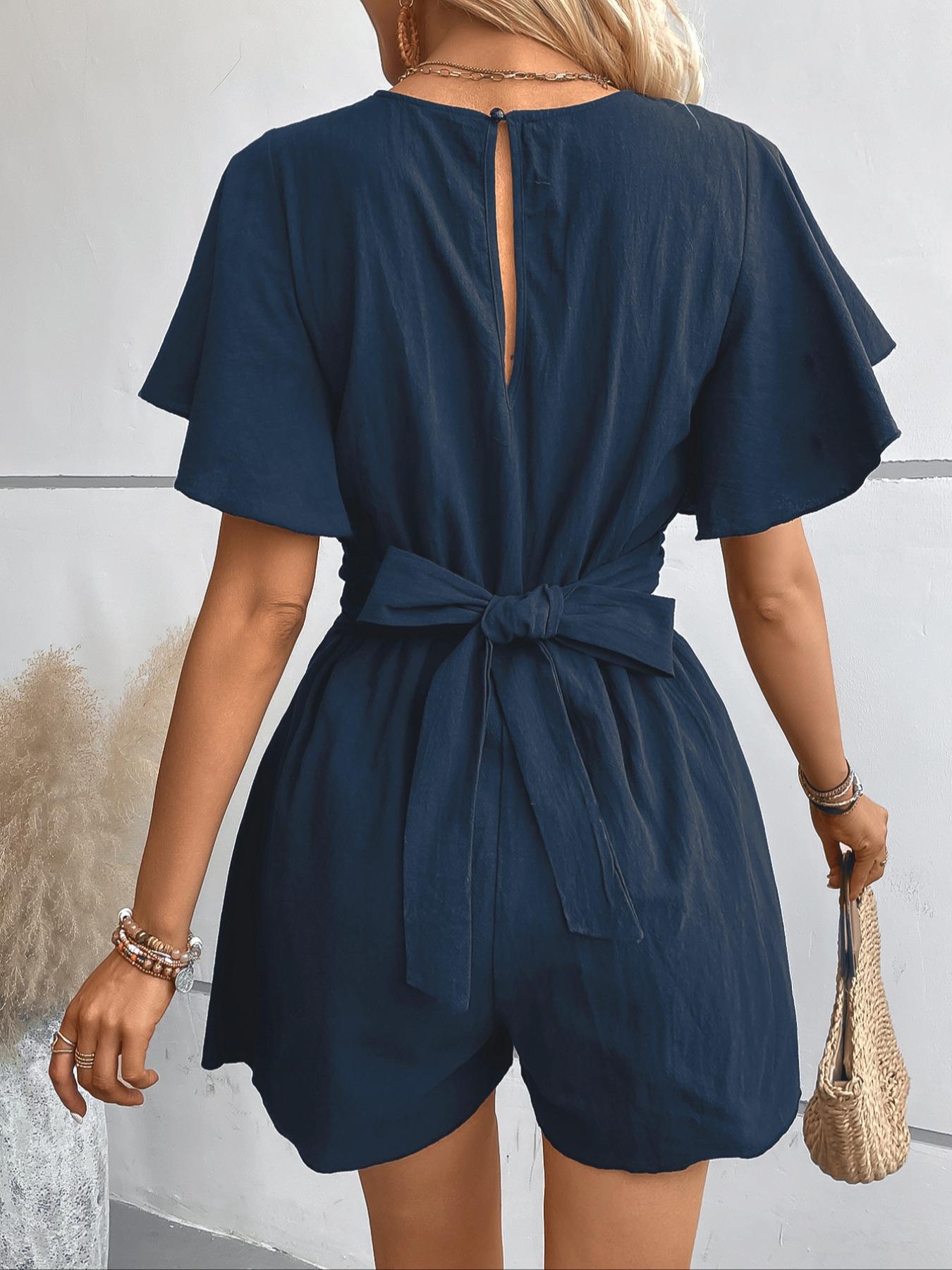 Women's Twist Butterfly Sleeve Romper, Casual Chic V Neck High Waist Wide Leg Jumpsuit, Ladies Summer Clothes for Daily Wear Womenswear Vneck