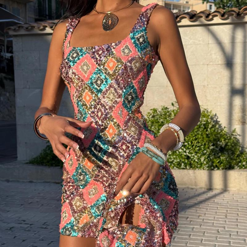 Women's summer fashion multi-color geometric pattern tight sequin mini dress suitable for party wear shiny dress