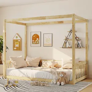 Twin Size Canopy Floor Bed Frame with Fence,Guardrails, for Kids, Natural