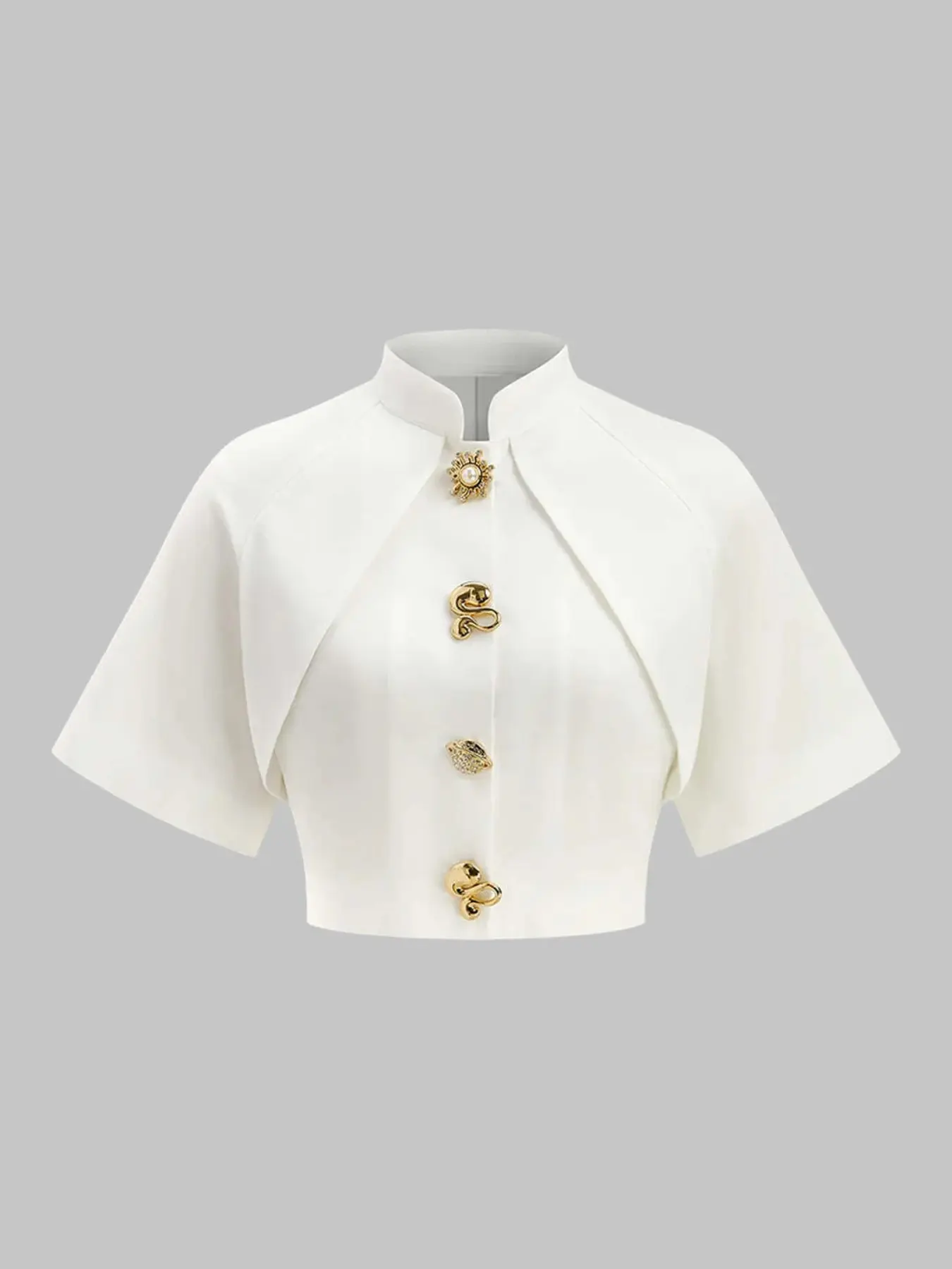Cropped Stand Collar Blouse for Women, Elegant Chic Decorative Button 3/4 Sleeve Top, Casual Y2K Aesthetic, Fashionable Ladies' Clothing