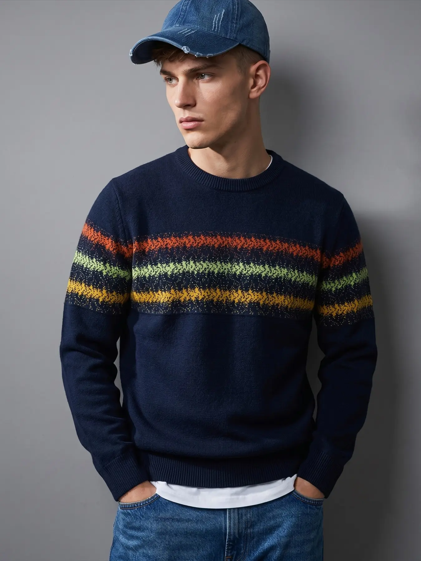 Men's Vintage Striped Sweater Y2K Streetwear Long Sleeve Crewneck Pullover Premium Knit Casual Loose Fit Jumper Top For Daily Wear School Fall Winter Fashion Warm Cozy Trendy Outfit Ideas For Teens Boys Mens Gift Navy Blue Orange Green Yellow Stripes