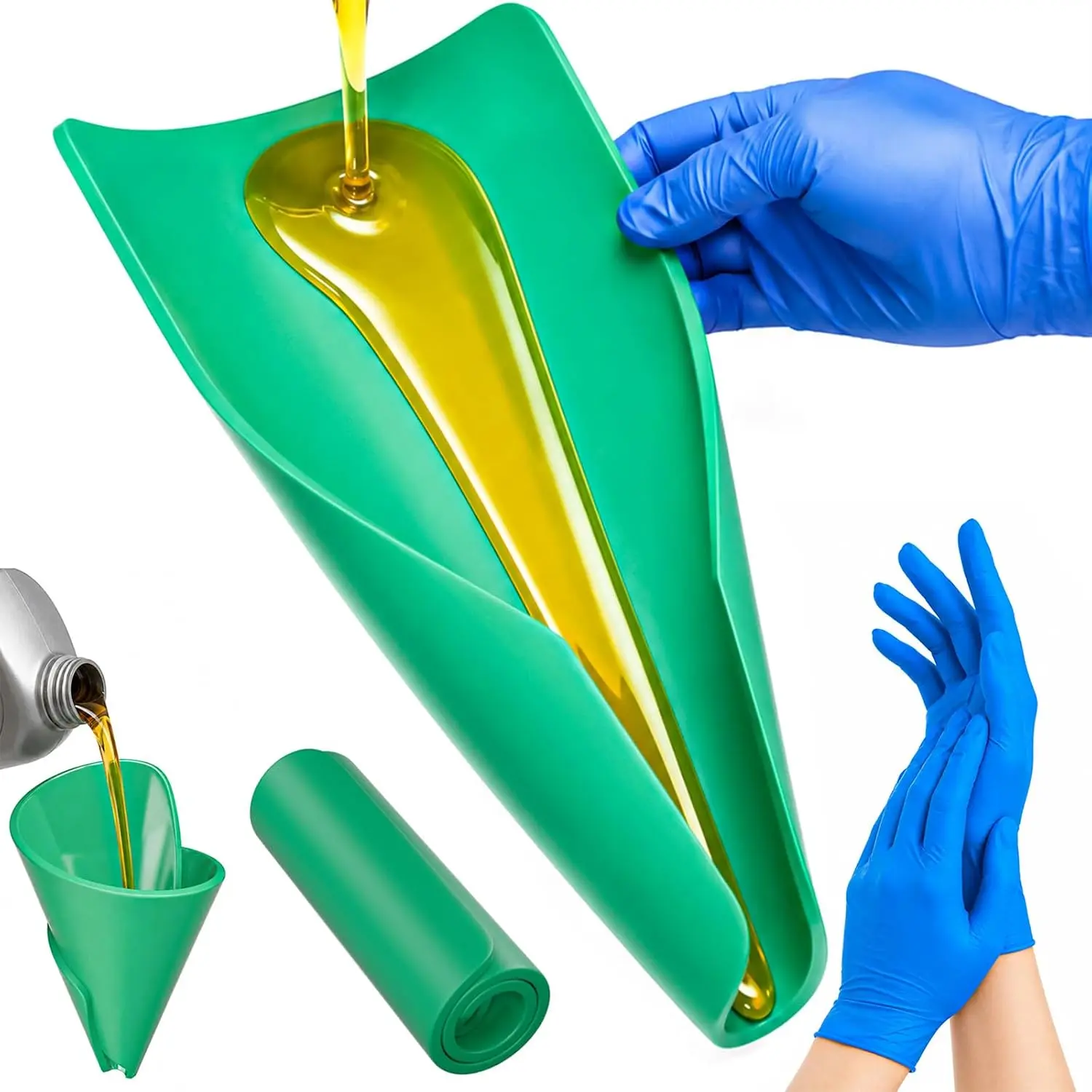 Green Flexible Moldable Oil Funnel – Spill-Free  Engine Oil & Fluid Transfer Tool for , , ,Lawn Mower & Snowplow, Draining Tools and  Pair of Gloves is Included.