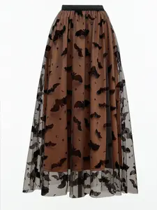 Elegant Women's Mesh Skirt, Stretch High Waist Velvet Mesh Half Skirt, Bat Pattern Halloween Mesh Skirt, Lightweight Flowy Everyday Skirt, Casual Daily Wear, Fall Winter