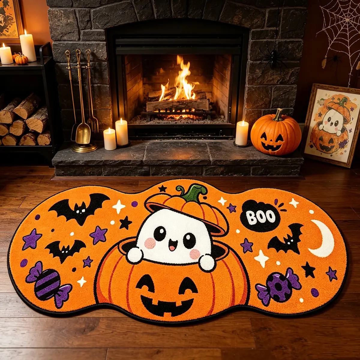 Halloween Pumpkin Ghost Long Rug Wavy Black Edge Decor Rug Candy Bat Pattern Rug Living Room Fireplace Sofa Decorative Area Rug Washable Halloween Home Rug Festive Gift Rug