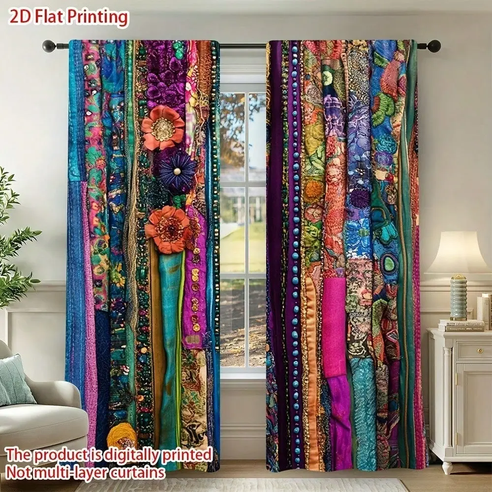 2 pieces of Bohemian style, colorful flower vines printed filter curtains, Window Drapes. Suitable for living room, bedroom and home decoration. Wear-resistant, easy to maintain and clean.