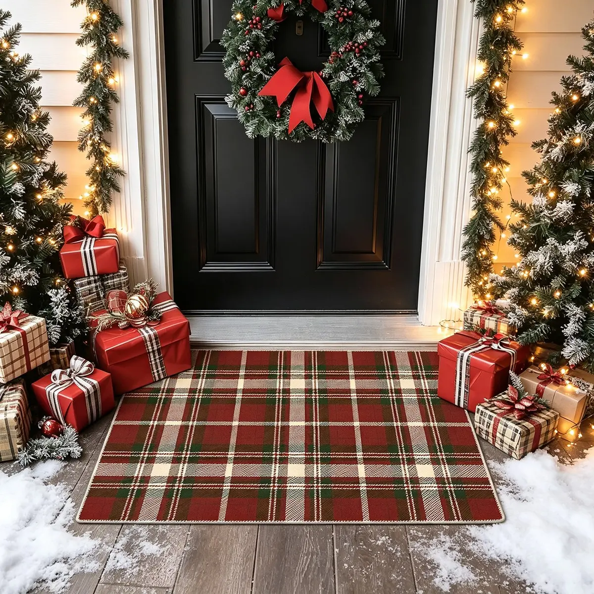 Christmas Classic Red Brown Green Ivory Scottish Plaid Rectangular Rug Entryway Door Mat Rug Living Room Hallway Rug Washable Warm Retro Festive Home Decor Rug