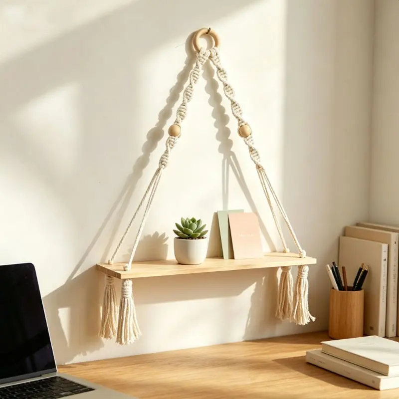 Macrame Wall Hanging Shelf, Boho Wood Floating Shelf with Tassels & Wooden Beads for Bedroom Living Room Decor