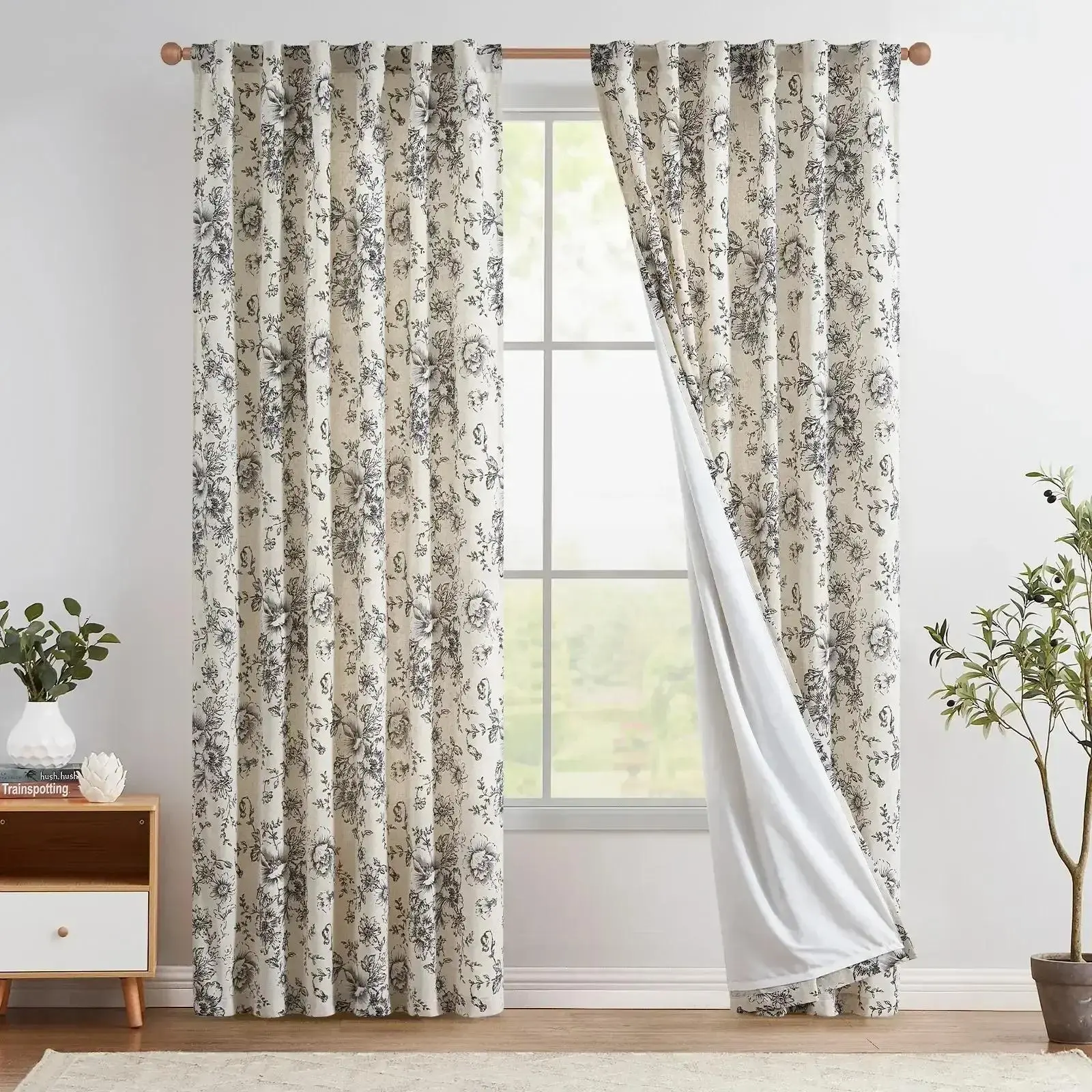 Floral Lined Linen Blend Curtains, 2-Panel Set for Farmhouse, Sunroom, Bedroom, Dining Room, Two Panels