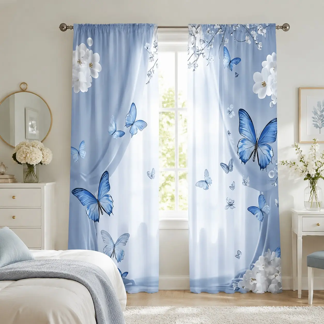 2pc Butterfly Pattern Window Curtains, Home Decorative Curtain, Light Blue Digital Print, Semi-Sheer, Modern Farmhouse Style, Polyester, Ideal for Living Room, Kitchen, Bedroom, Home Decoration Curtain