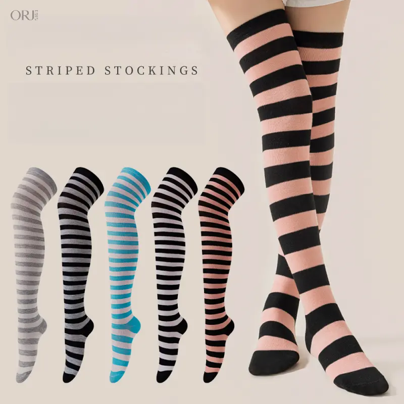 Women Striped Thigh High Over Knee Socks, Cosplay Long Hosiery, Christmas & Halloween Fashion Stockings, Stretchy Autumn Winter Legwear, Versatile Leg Accessories For Daily Outfit Holiday Party Costume Dress Up