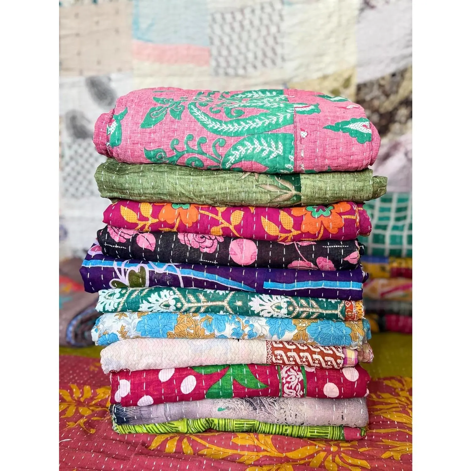 5 Piece Handmade Indian Vintage Kantha Quilts Reversible Bohemian Home Decor Blanket – Assorted Color Twin Size 85X55 Inches