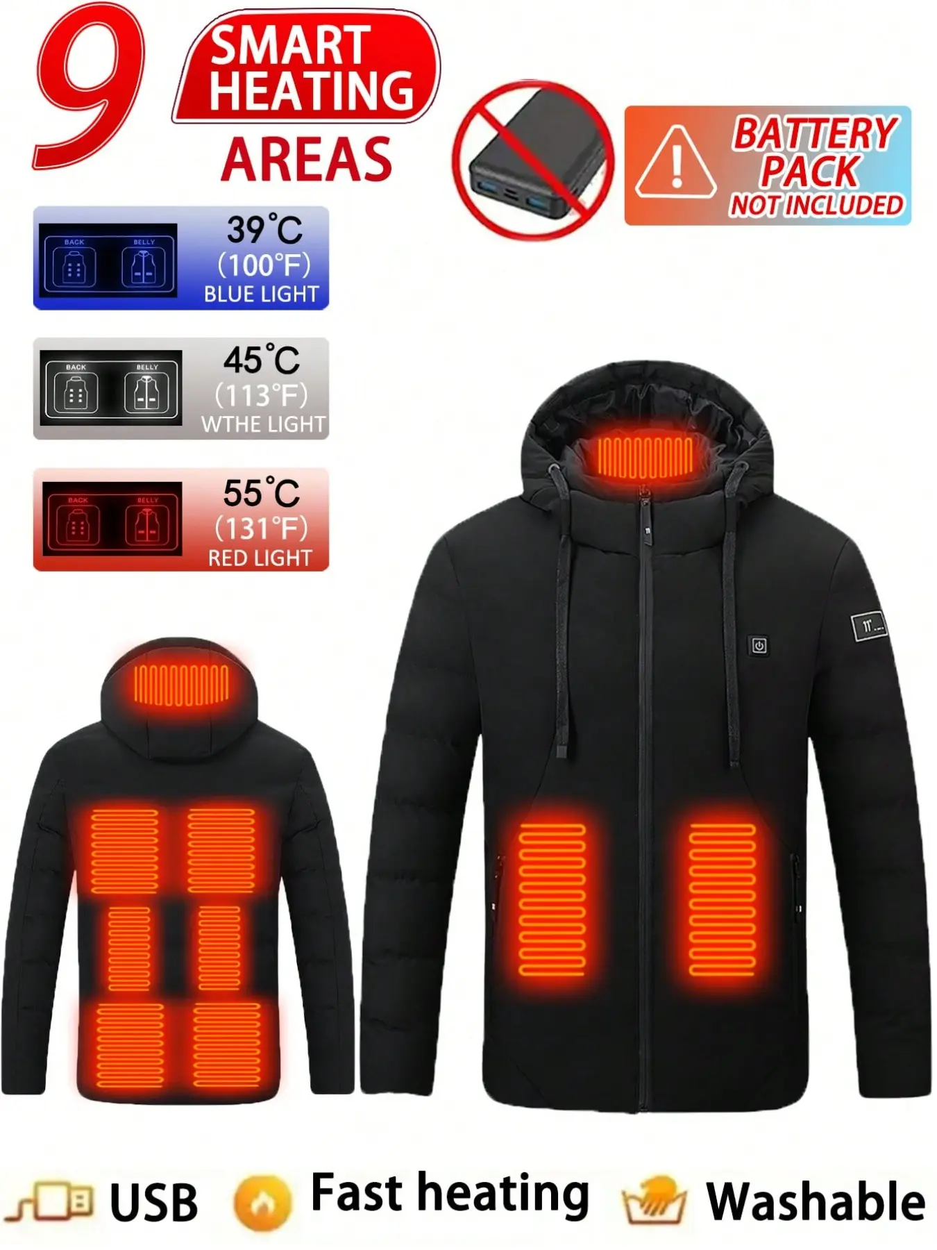 Men's Casual Solid Color Long Sleeve Zip Pocket Hooded Heating Jacket, Single Control Nine Zone Heated Coat, Winter Warmth Outerwear