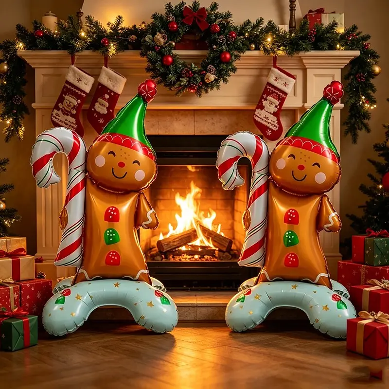 2pcs 63cm Christmas Standing Hat Gingerbread Man Aluminum Foil Balloons, Holiday Party Home Indoor Outdoor Decorations