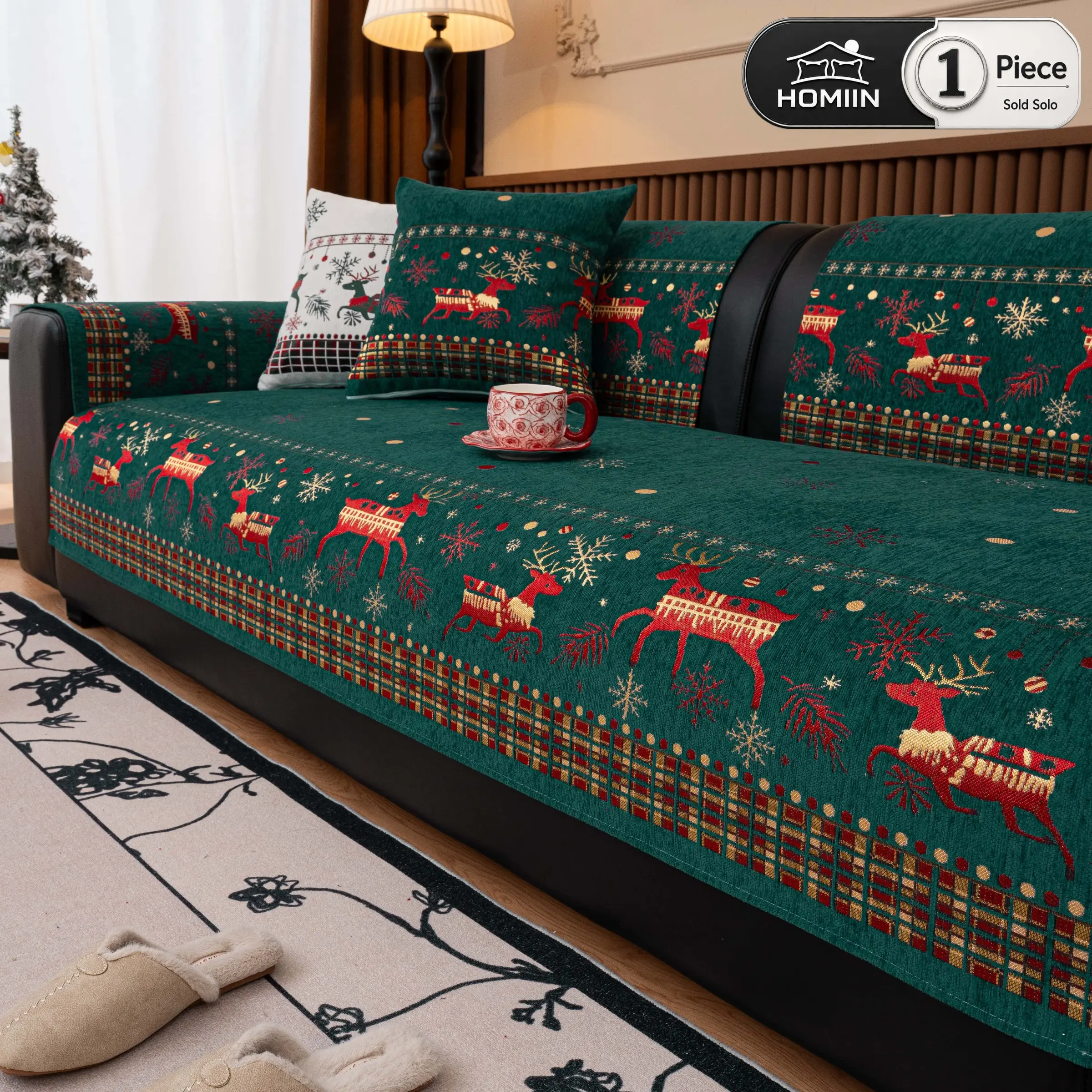 HOMIN-Christmas Couch Covers for Sofa, Sofa Cover for Couch, 1 Piece Pet Friendly Non Slip Sofa Throw Blanket, Soft Holiday Reindeer Furniture Protector for Living Room Bedroom, Fits 2 3 4 Seater Sofas
