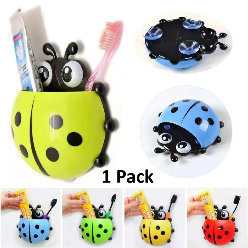 Kids Toothbrush Holder, Cute Seven-Star Ladybug Design, Suction Cup Attachment, No Drill Required, Random Color, Ideal for Bathrooms