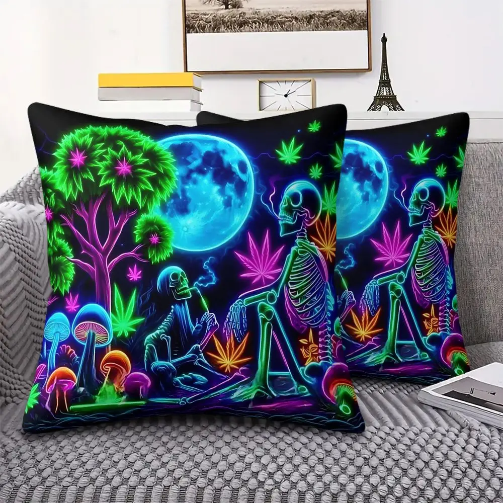 Neon Skeleton Party Throw Pillow, Featuring Vivid Digital Print of Glowing Skeletons in a Psychedelic Night Scene, Soft and Comfortable for Living Rooms, Bedrooms, or Surreal Decor. Ideal Cushion for Vibrant Spaces, Includes Pillow Insert.