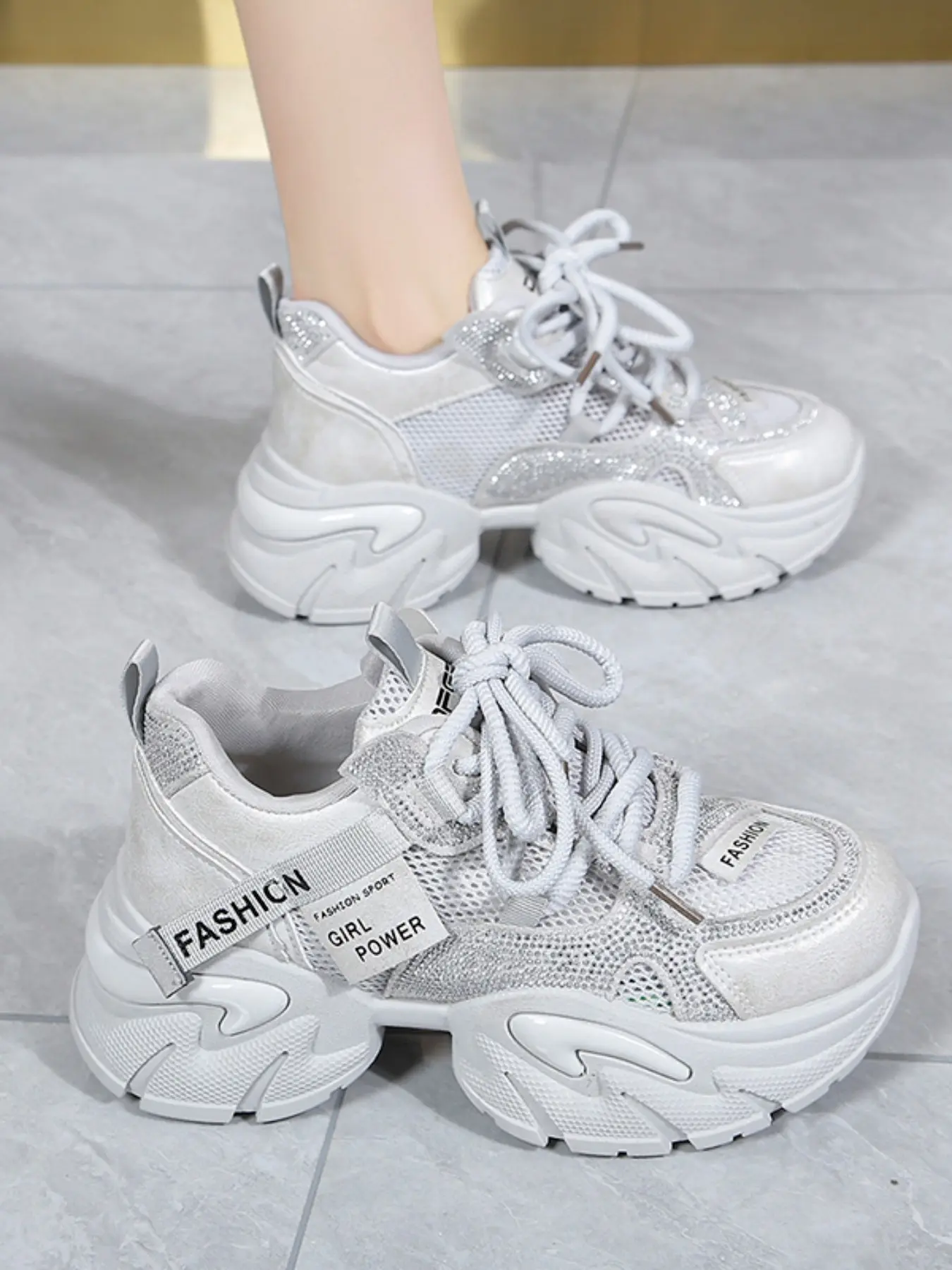 Women's Silver Color Mesh Thick Sole Dad Shoes, Summer Breathable Height-Boosting Mech Style Casual Sports Sneakers, Comfortable Shoes