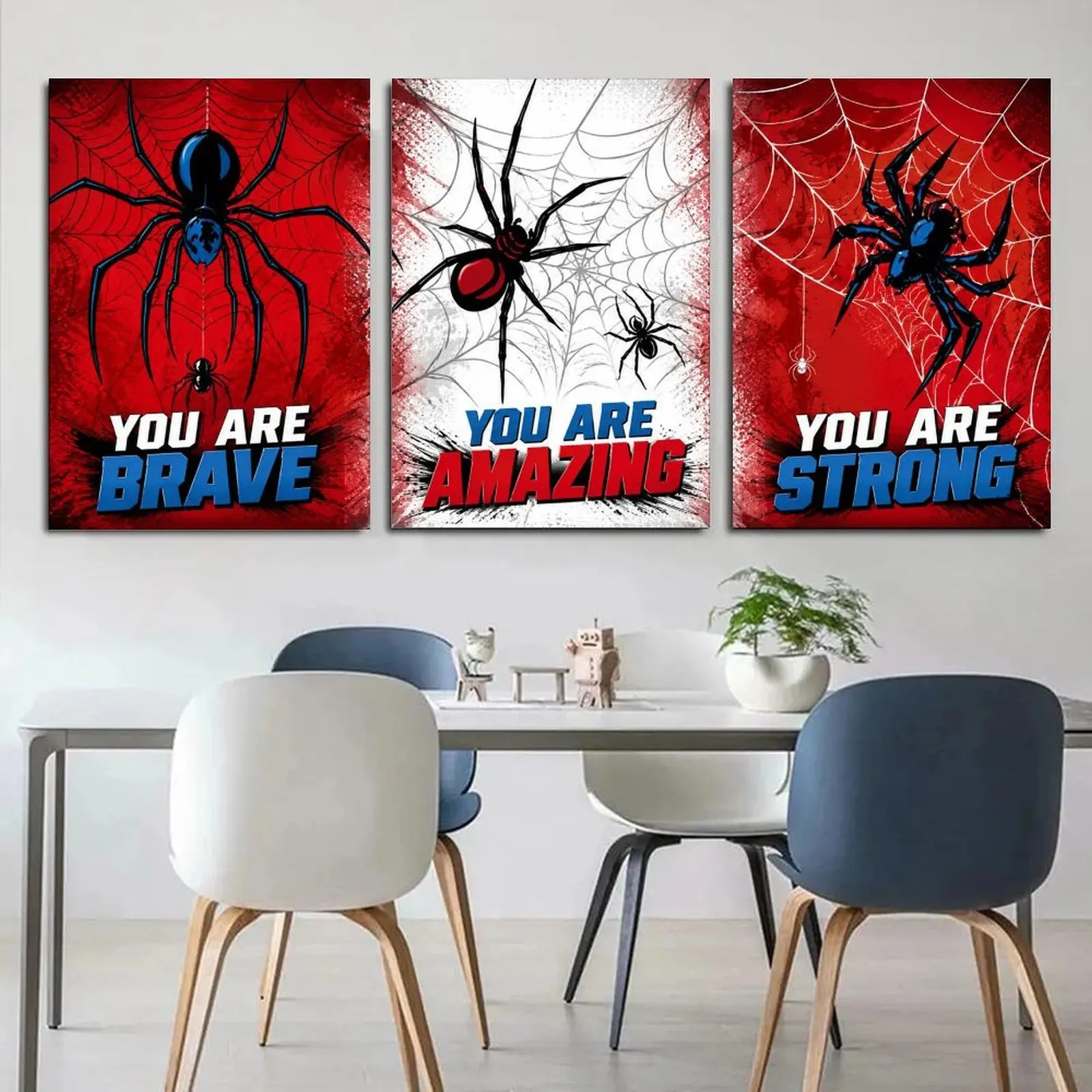 3 Pieces Spider Web Motivational Canvas Art poster wall decor, Red Blue Spider Inspirational Quote Wall Decor for Kids Bedroom Boys Playroom Apartment
