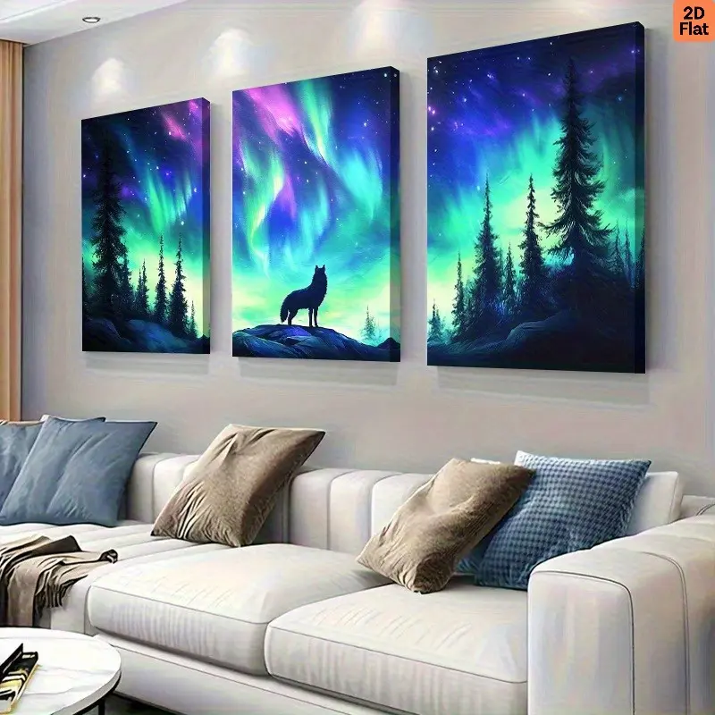 2D canvas, 3-piece set of charming wall art: Silhouette of a wolf under the northern lights, essential home decor for the bedroom and living room, can be hung directly in the living room, bedroom, or office, perfect holiday gift