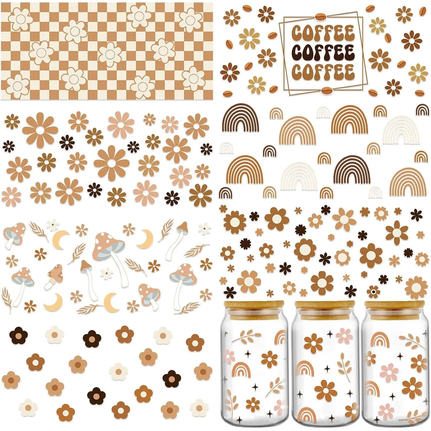 8 Sheets Boho Coffee Modern UV DTF Cup Wraps, Adhesive Cold Transfer Stickers for 16 oz Glass Cups, Daisy Mushroom Rainbow Designs for DIY Crafts, Uv Dtf Sticker