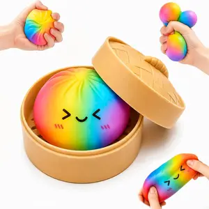 Rainbow Dumpling Fidget Squishy, Mystery Squeeze Dumpling Box, Colorful Squishy Toys for Anxiety Stress Relief, Dumplings Sensory Toy with Food Steamer, Stress Balls for Adults, Stretchy Desk Toys