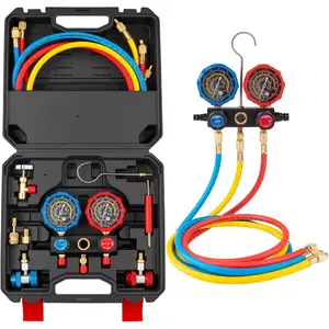 3-Way Manifold Gauge Set, Automotive AC Recharge Kit for R134A/R410A/R22/R404A, Refrigerant Charging Tool for Car Freon Charging & Evacuation