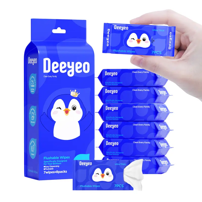 Deeyeo Flushable Toilet Wipes - 8 Travel-Sized Ultra-Thick Mini Bags for Personal, Household Hygiene Needs
