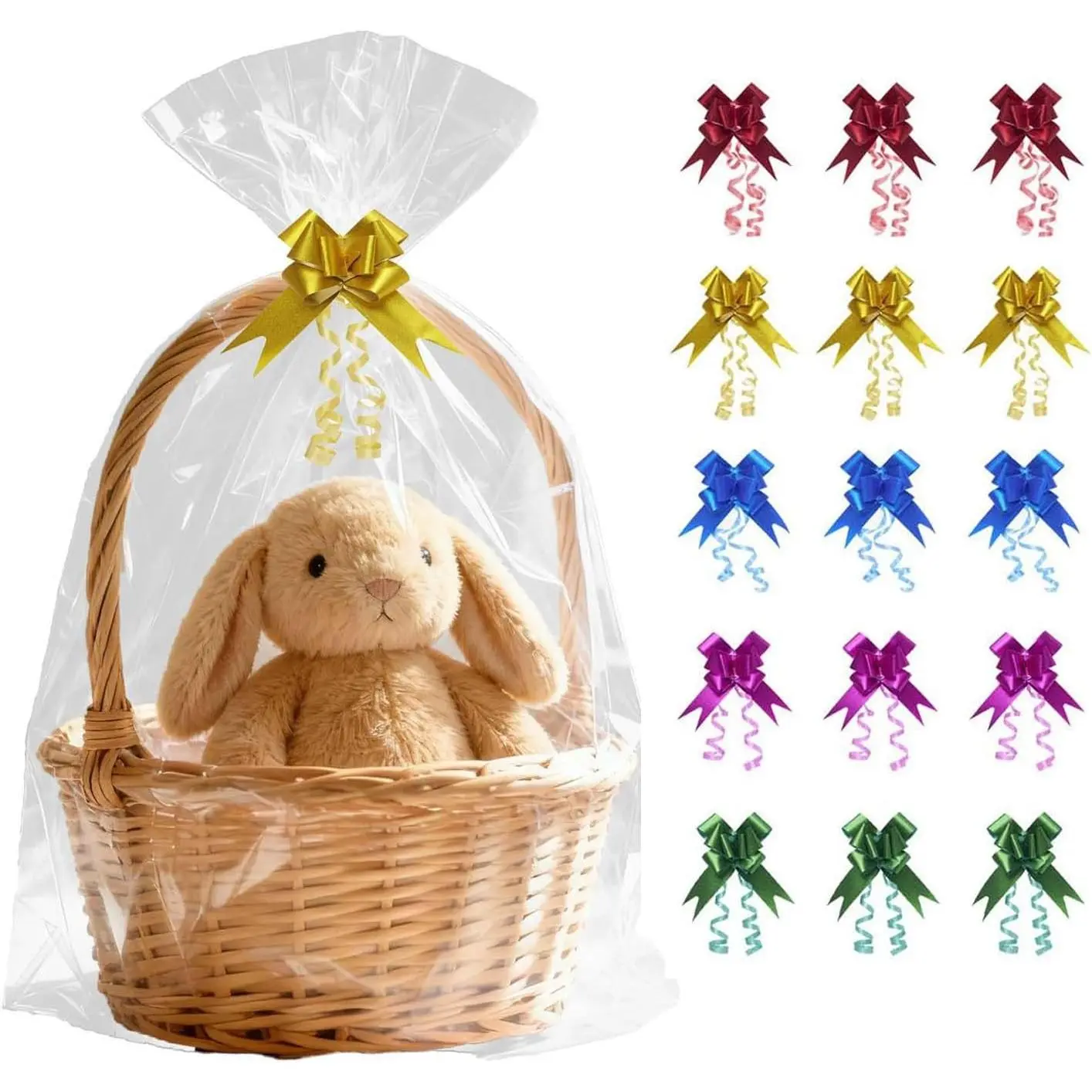 13-Pack 30x40 Inch Clear Cellophane Bags with 15 Colorful Pull Bows, Large Cellophane Wrap for Gift Baskets, Baby Showers, Raffles, and Charity Auctions