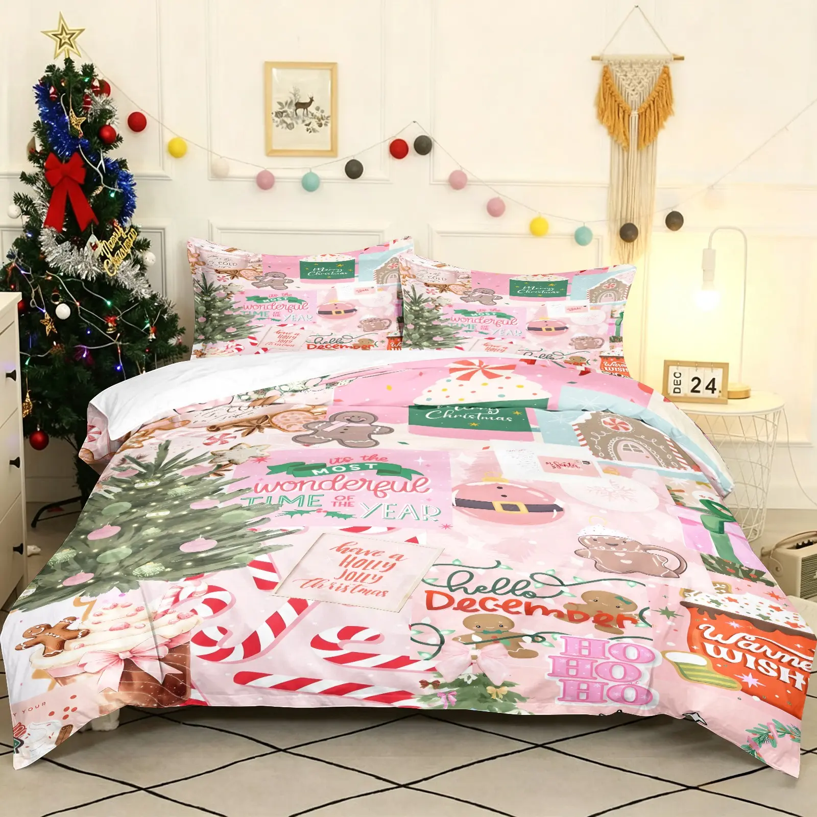 Pink Patchwork Gingerbread Christmas Duvet Cover Set Includes 1 Duvet Cover and 1-2 Pillowcases, Soft Comfortable Breathable All Season Comforter Cover, Sweet Festive Bedding Set, Candy Cane Letter Print Holiday Bedroom Decor