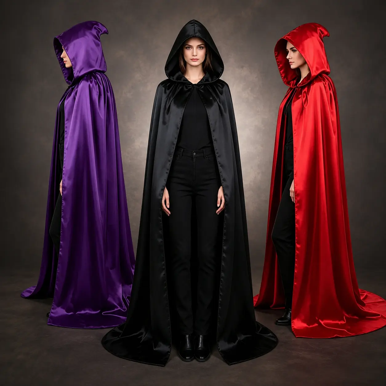 Women’s Halloween Hooded Cloak Costume Satin Cape Full Length Wizard Witch Robe Medieval Vampire Costume Cosplay Outfit for Halloween Party Masquerade Ball Theme Party Stage Performance Unisex Adult Costume with Hood and Tie Closure