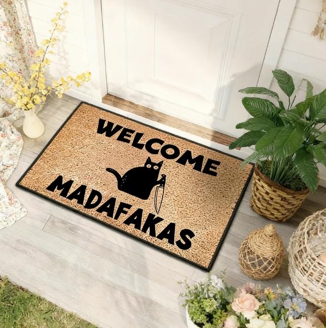 Sarcastic "Welcome Madafakas" Black Cat with Knife Diatomaceous Earth Doormat. Fast Drying Super Absorbent Diatom Mud Entrance Mat. Non-Slip Floor Rug for Front Door Bathroom Kitchen. Unique Funny Gift for Naughty Cat Lovers.