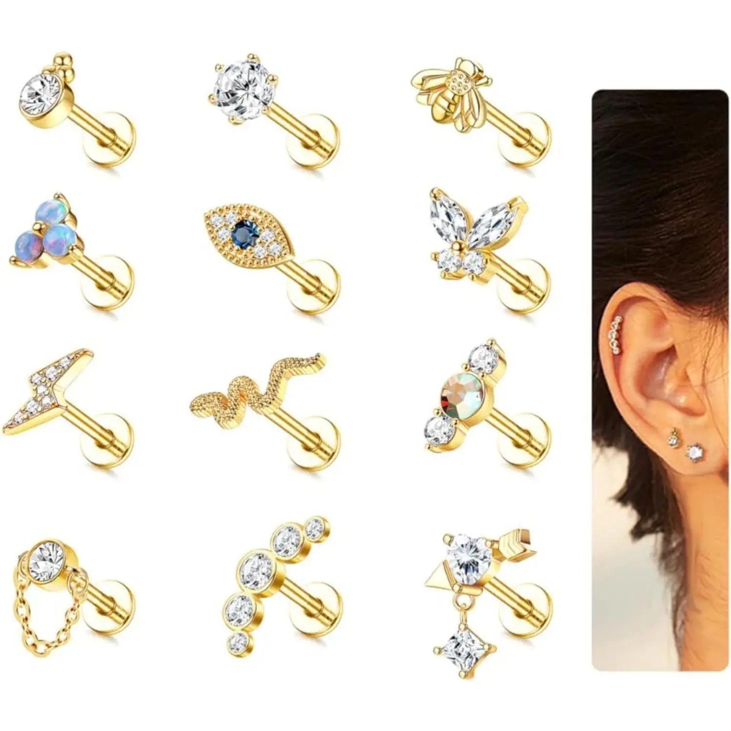 Bobisty 1Pc Cartilage Earrings Stud for Women Surgical Steel Flat Back Earrings Snake Evil Eye CZ Earring Helix Piercing Jewelry